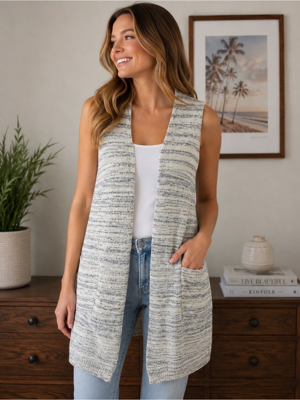 LOFT Outlet Striped Open Front Sweater Vest Cardigan Pockets Size Medium